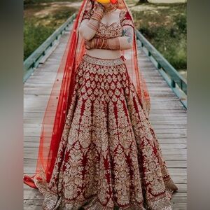Crimson and Gold Embroidered Bridal Lehenga